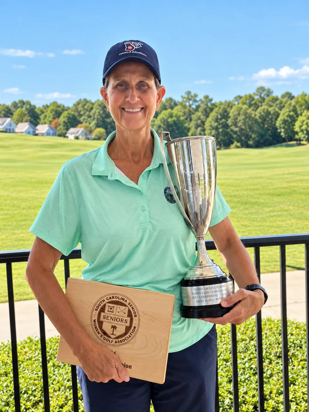 Natalie Huff holding the SCSWGA championship trophy and plaque